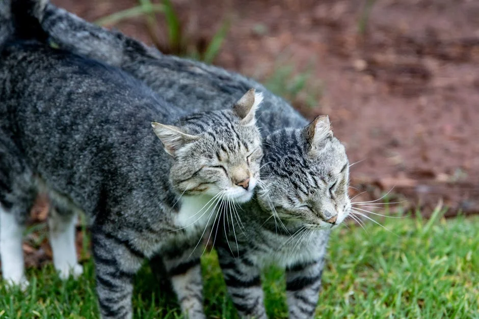 A tabby cat slow blinking at its owner, showing feline affection and trust